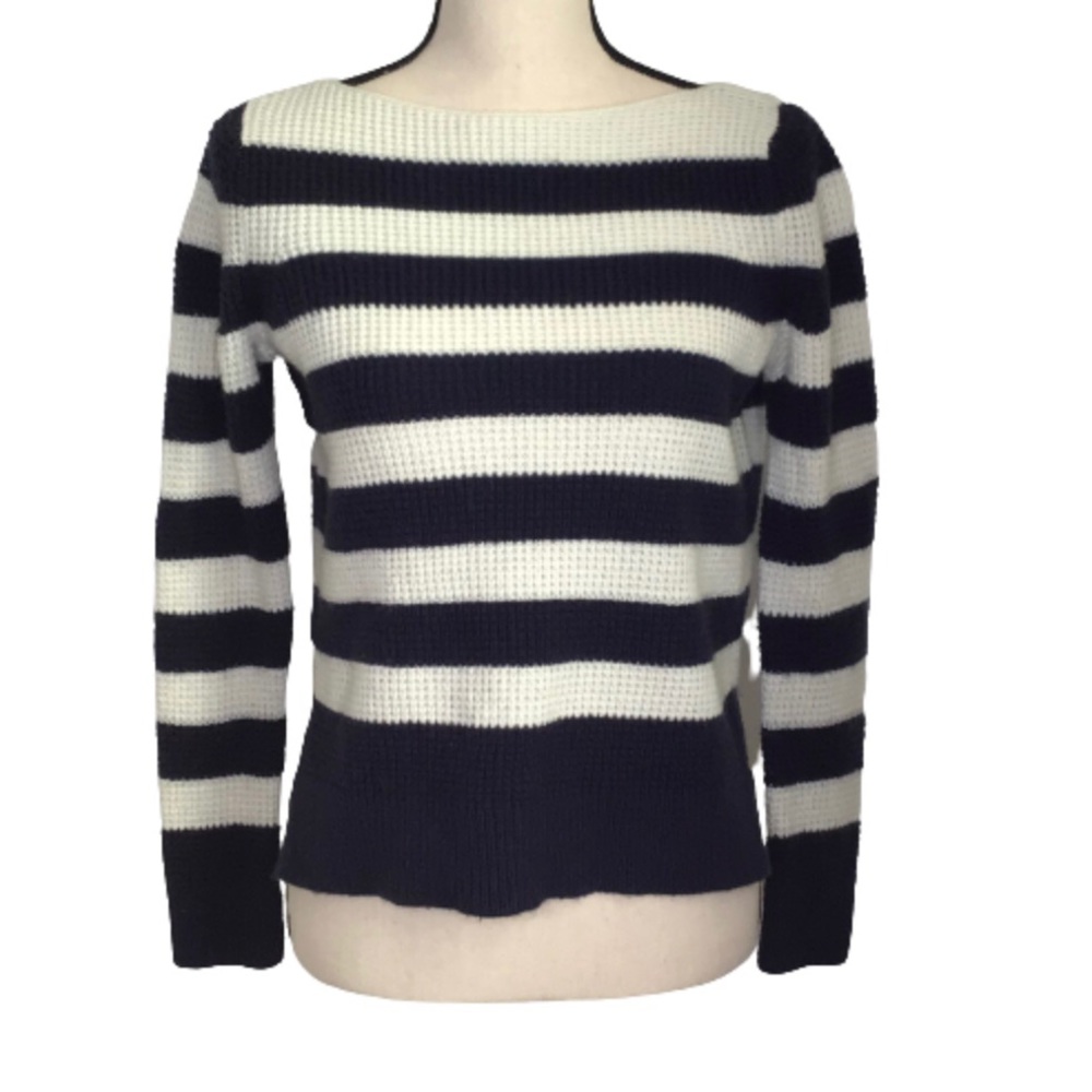 GAP Boatneck Blue Ivory Striped Waffle Knit Wool Blend Sweater Small